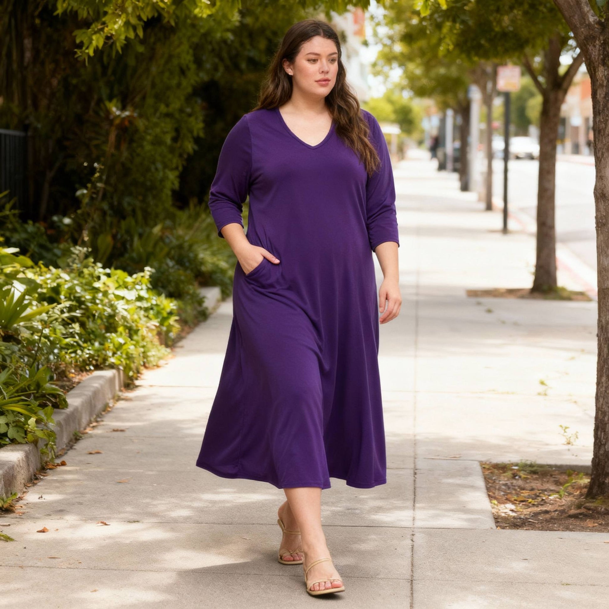 Hit V - neck Long Dress W/pocket - ZumBuys