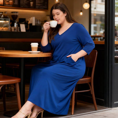 Hit V - neck Long Dress W/pocket - ZumBuys