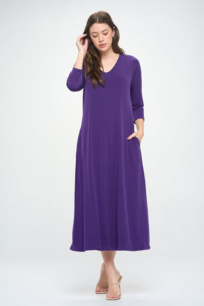Hit V - neck Long Dress W/pocket - ZumBuys