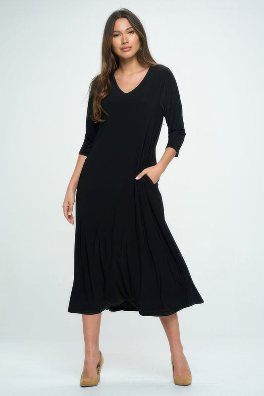 Hit V - neck Long Dress W/pocket - ZumBuys