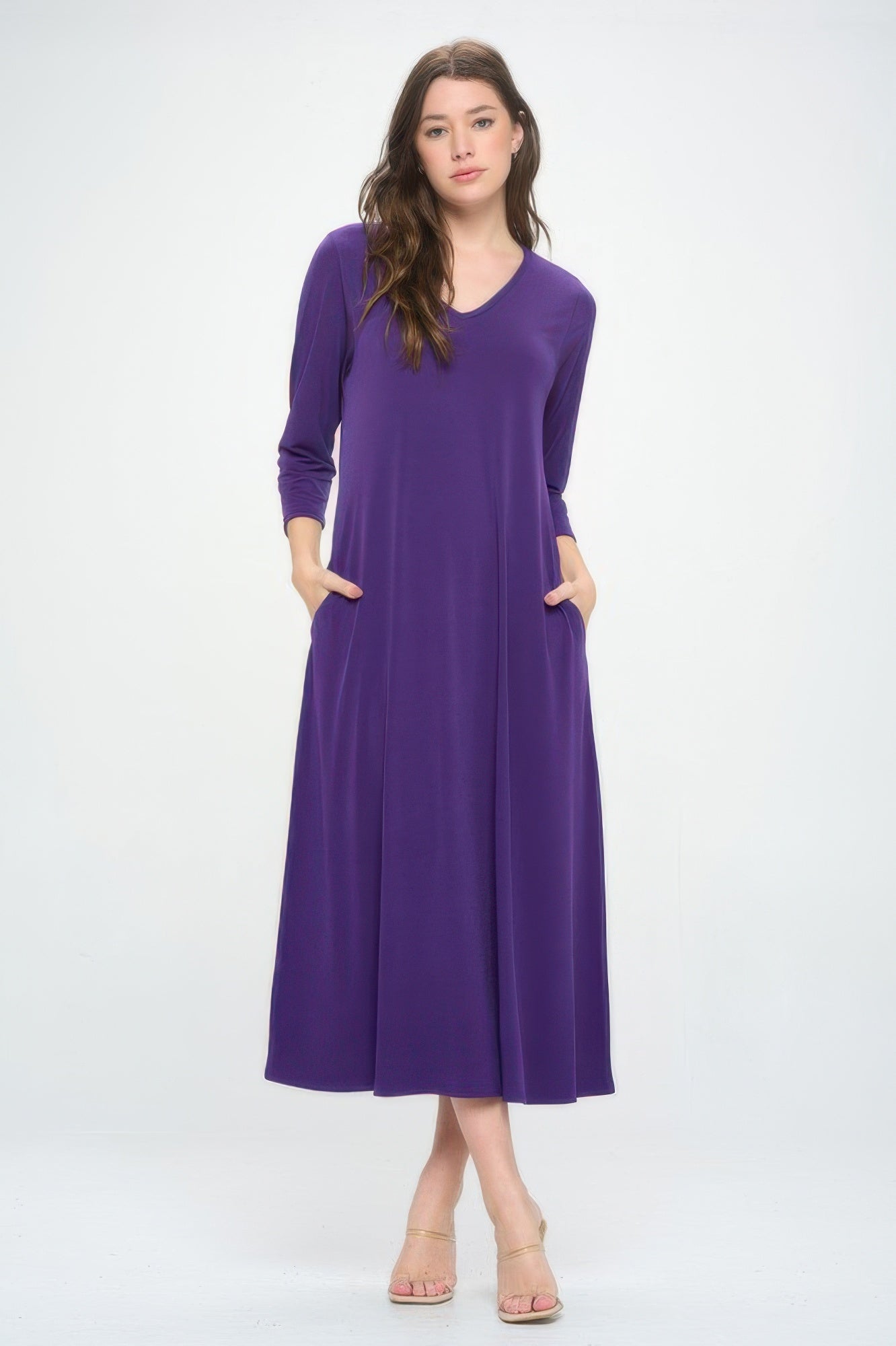 Hit V - neck Long Dress W/pocket - ZumBuys
