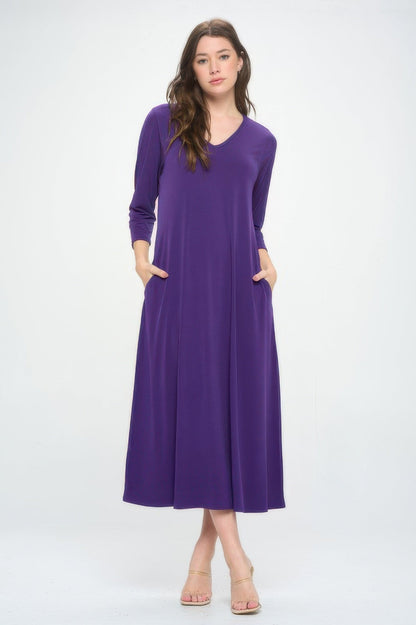 Hit V - neck Long Dress W/pocket - ZumBuys