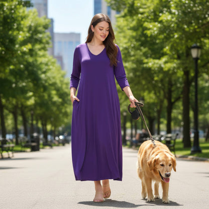 Hit V - neck Long Dress W/pocket - ZumBuys