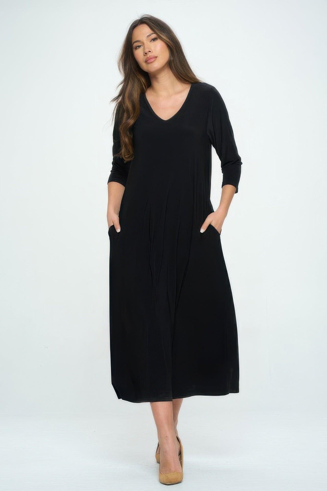 Hit V - neck Long Dress W/pocket - ZumBuys