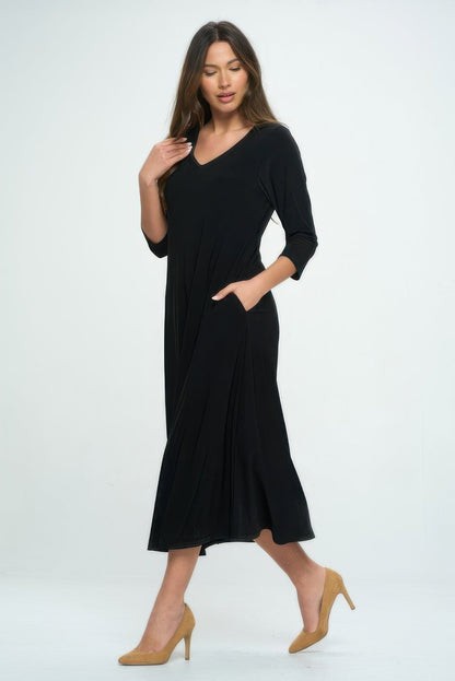 Hit V - neck Long Dress W/pocket - ZumBuys