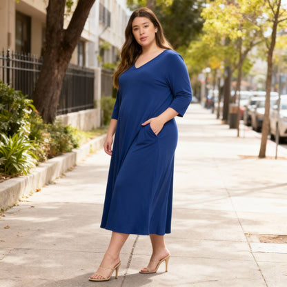 Hit V - neck Long Dress W/pocket - ZumBuys