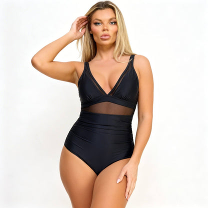 Jacky Mesh Panel One Piece Swimsuit – Tummy Control V - Neck Swimwear (Leopard or Black) - ZumBuys