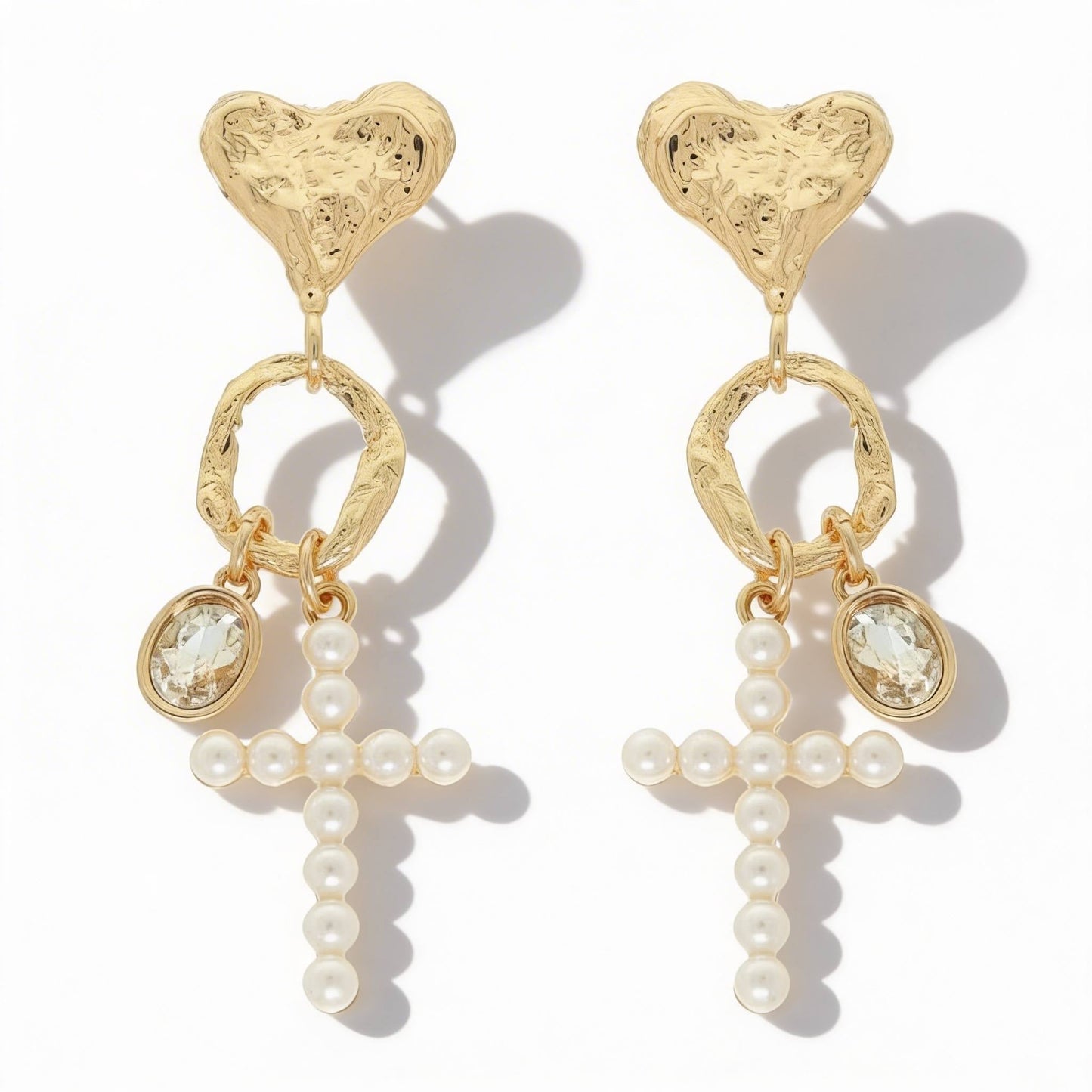 Jeweled Cross Heart Charm Earrings - ZumBuys