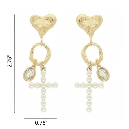 Jeweled Cross Heart Charm Earrings - ZumBuys