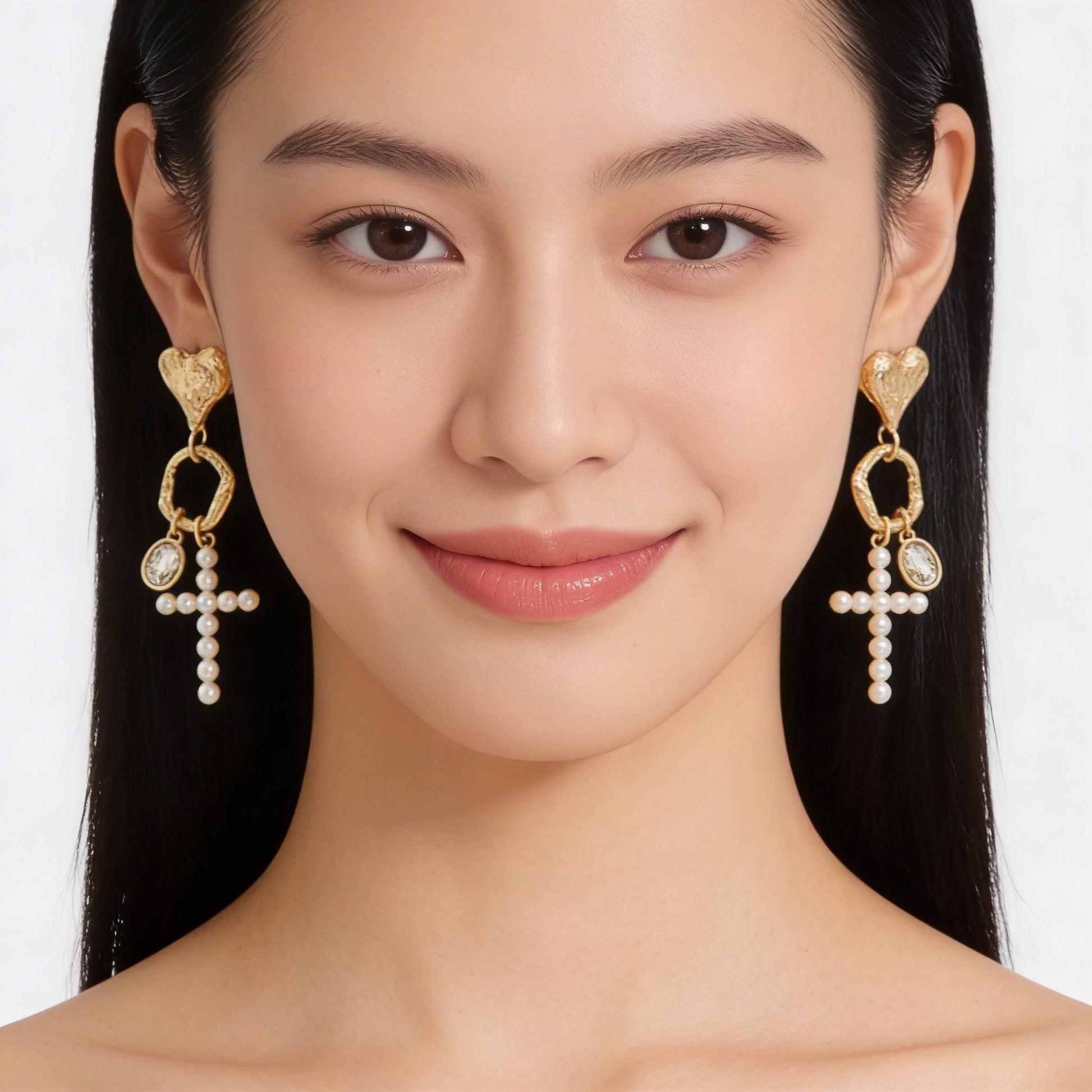 Jeweled Cross Heart Charm Earrings - ZumBuys