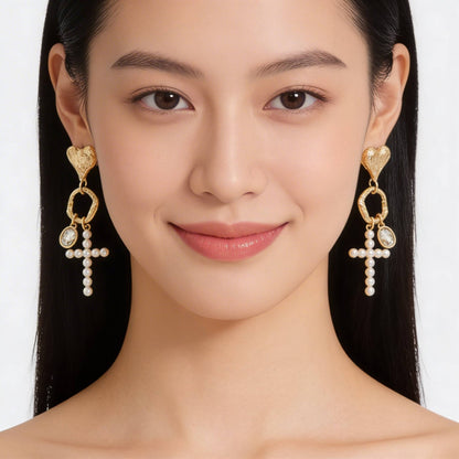 Jeweled Cross Heart Charm Earrings - ZumBuys
