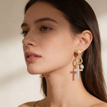 Jeweled Cross Heart Charm Earrings - ZumBuys