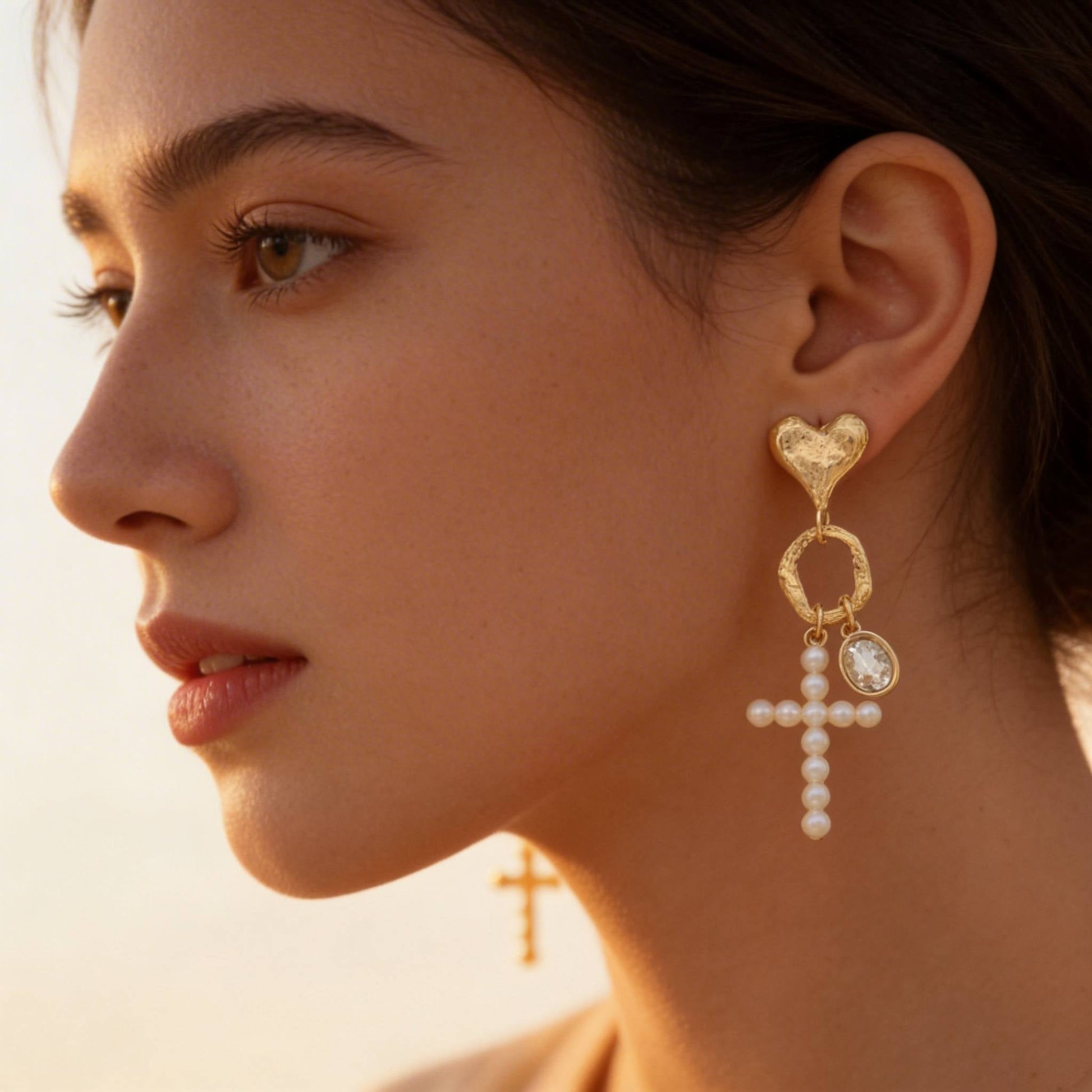 Jeweled Cross Heart Charm Earrings - ZumBuys