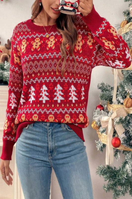 Knit Christmas Print Round Neck Loose Fit Sweater - ZumBuys