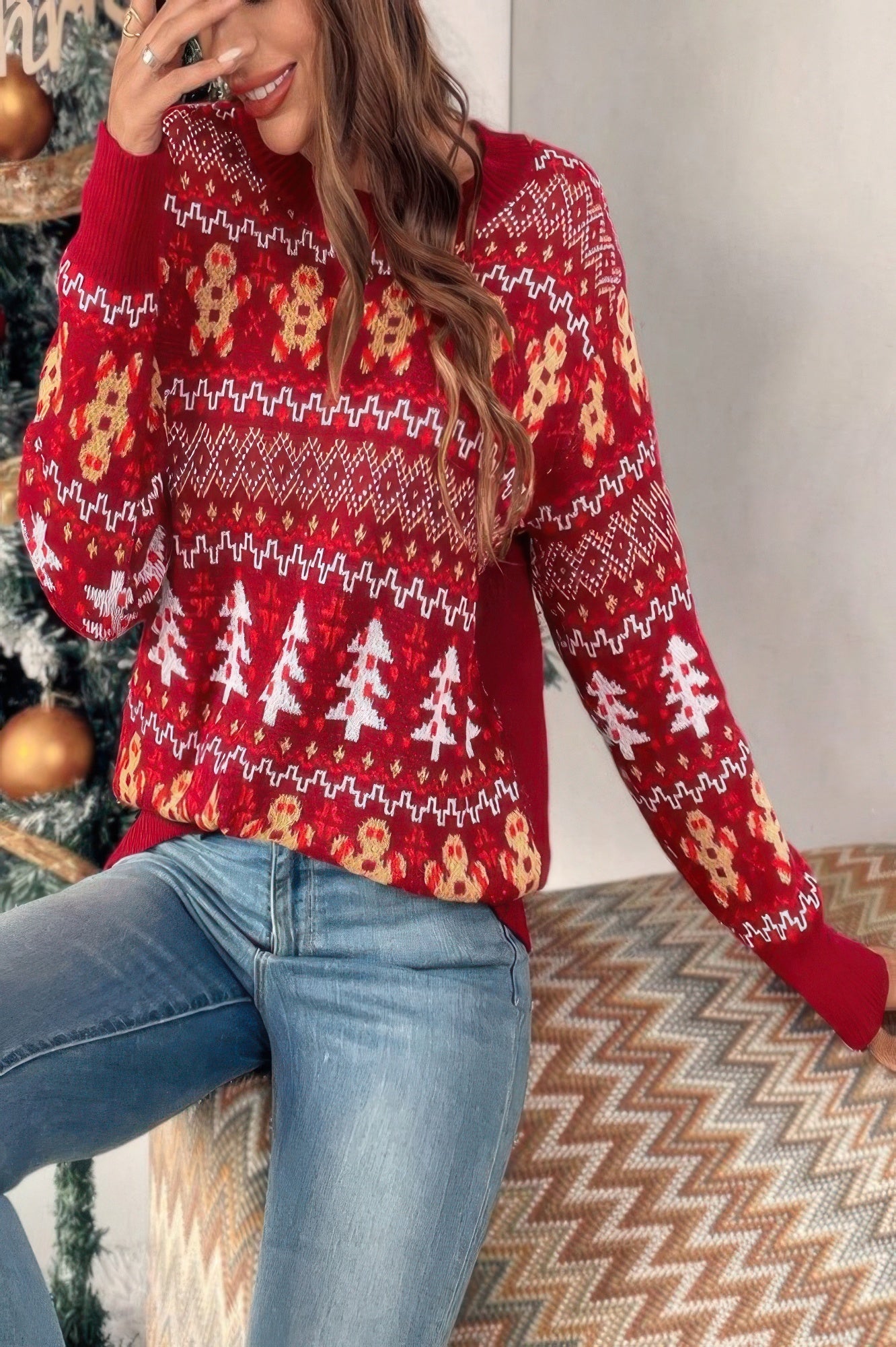Knit Christmas Print Round Neck Loose Fit Sweater - ZumBuys