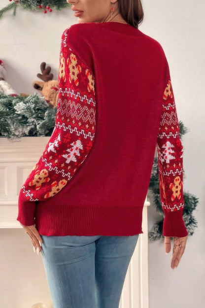 Knit Christmas Print Round Neck Loose Fit Sweater - ZumBuys