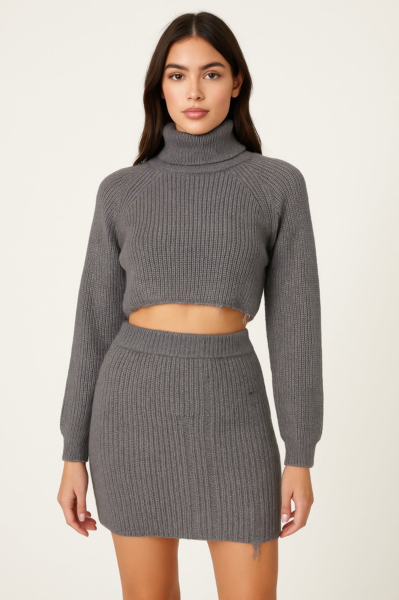 Knit Mock Neck Top And Skirt - ZumBuys