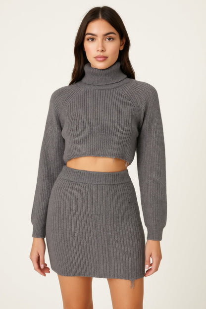 Knit Mock Neck Top And Skirt - ZumBuys