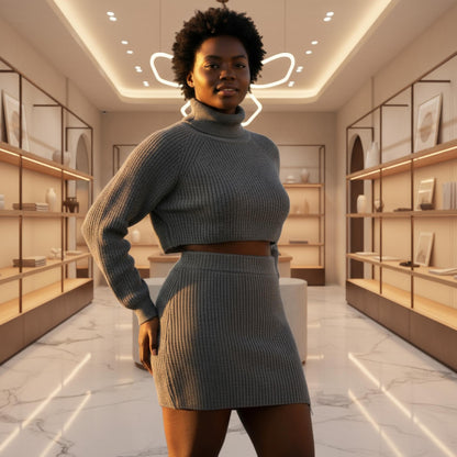 Knit Mock Neck Top And Skirt - ZumBuys