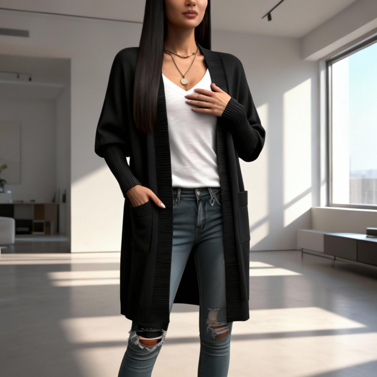 Knit Open Front Bishop Sleeves Pockets Cardigan - ZumBuys