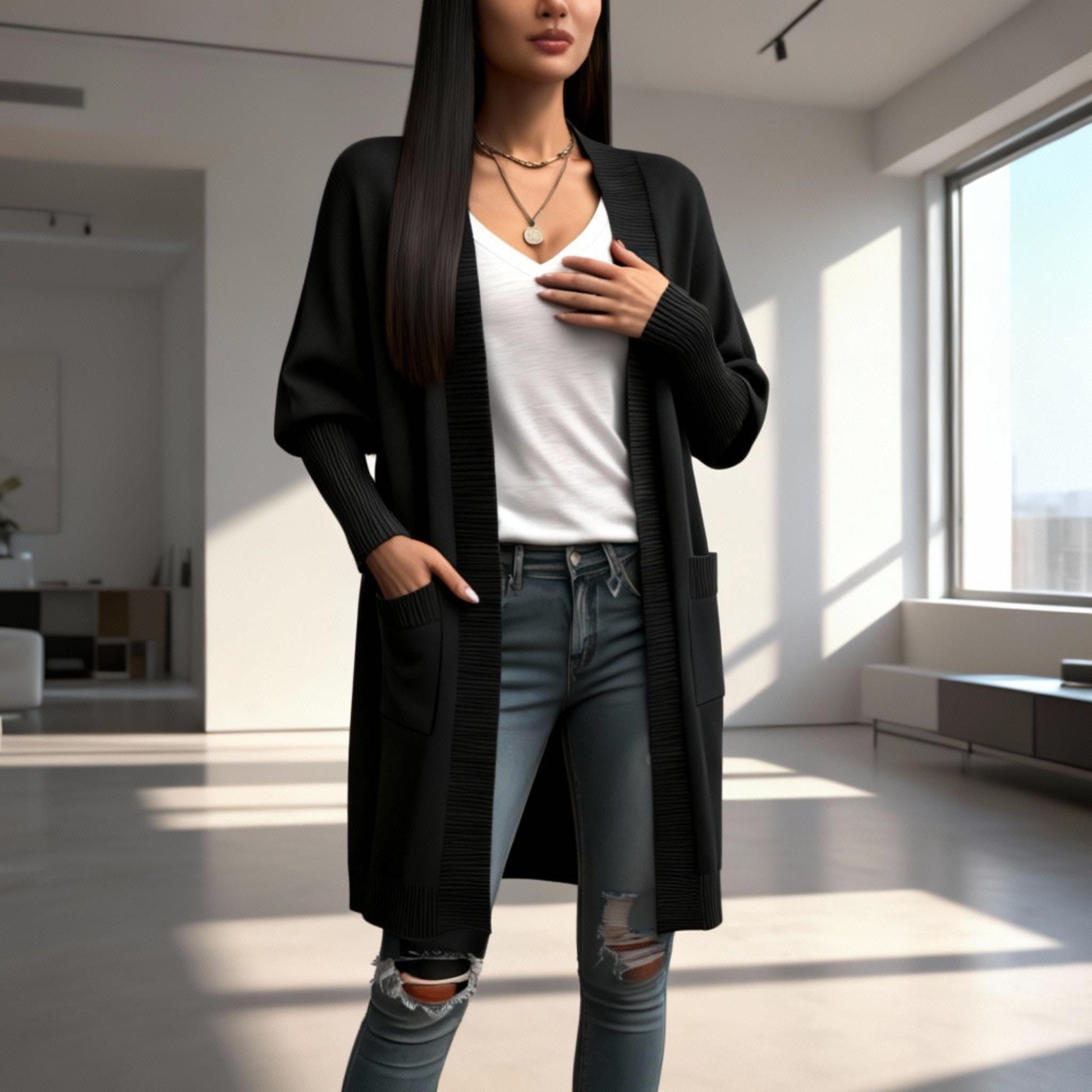 Knit Open Front Bishop Sleeves Pockets Cardigan - ZumBuys