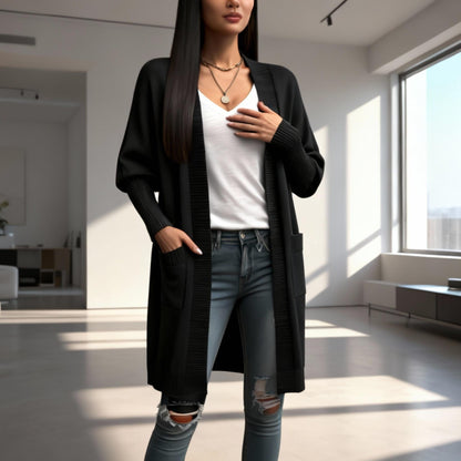 Knit Open Front Bishop Sleeves Pockets Cardigan - ZumBuys