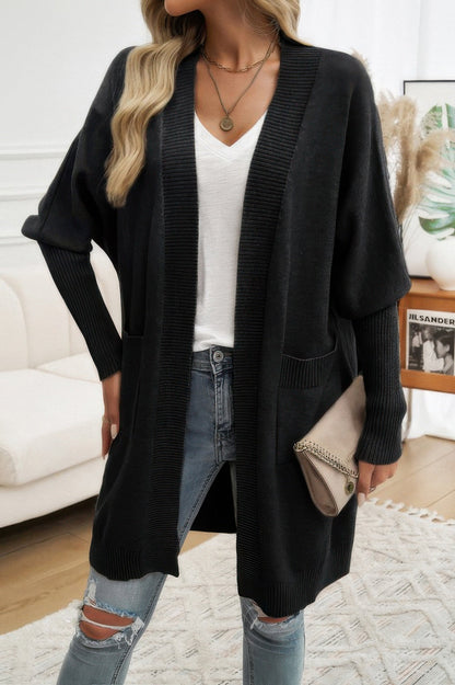 Knit Open Front Bishop Sleeves Pockets Cardigan - ZumBuys