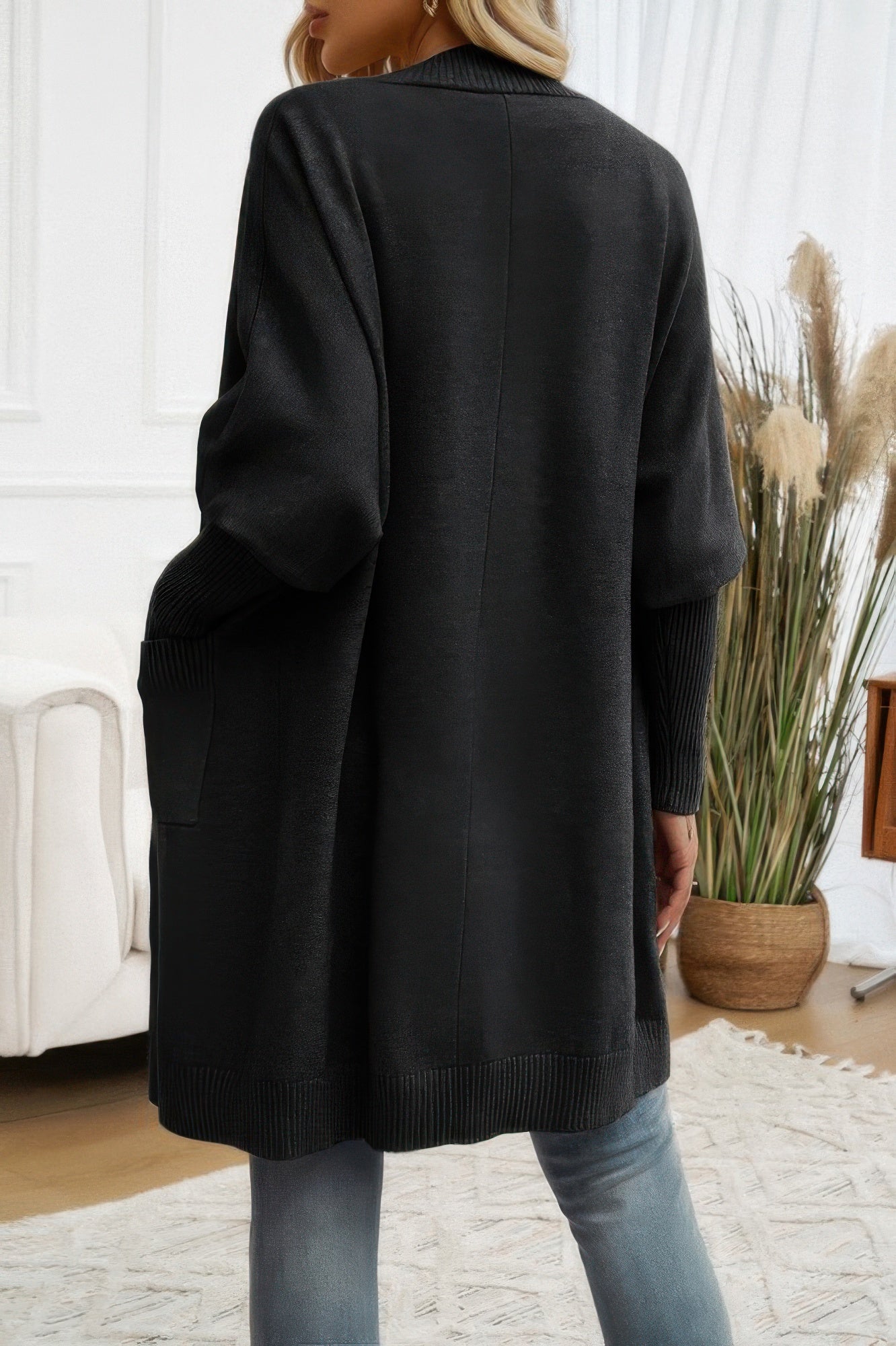 Knit Open Front Bishop Sleeves Pockets Cardigan - ZumBuys