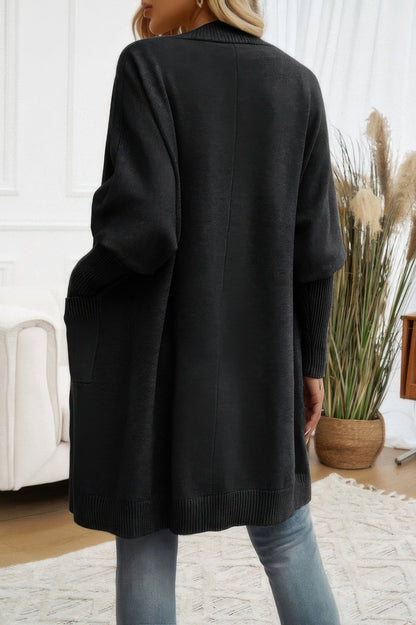 Knit Open Front Bishop Sleeves Pockets Cardigan - ZumBuys