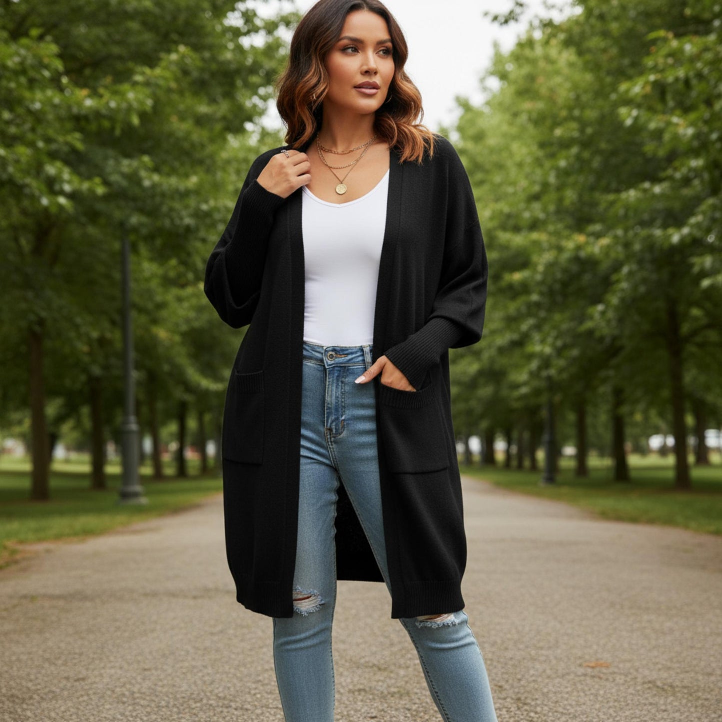 Knit Open Front Bishop Sleeves Pockets Cardigan - ZumBuys