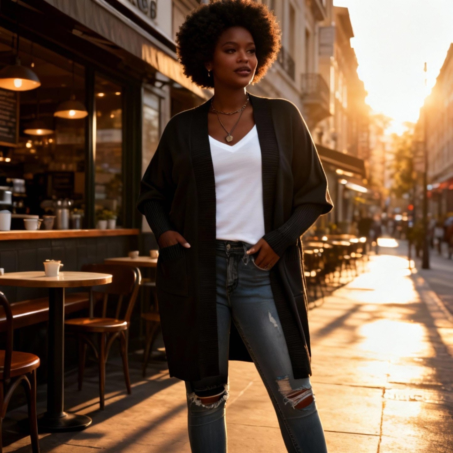 Knit Open Front Bishop Sleeves Pockets Cardigan - ZumBuys