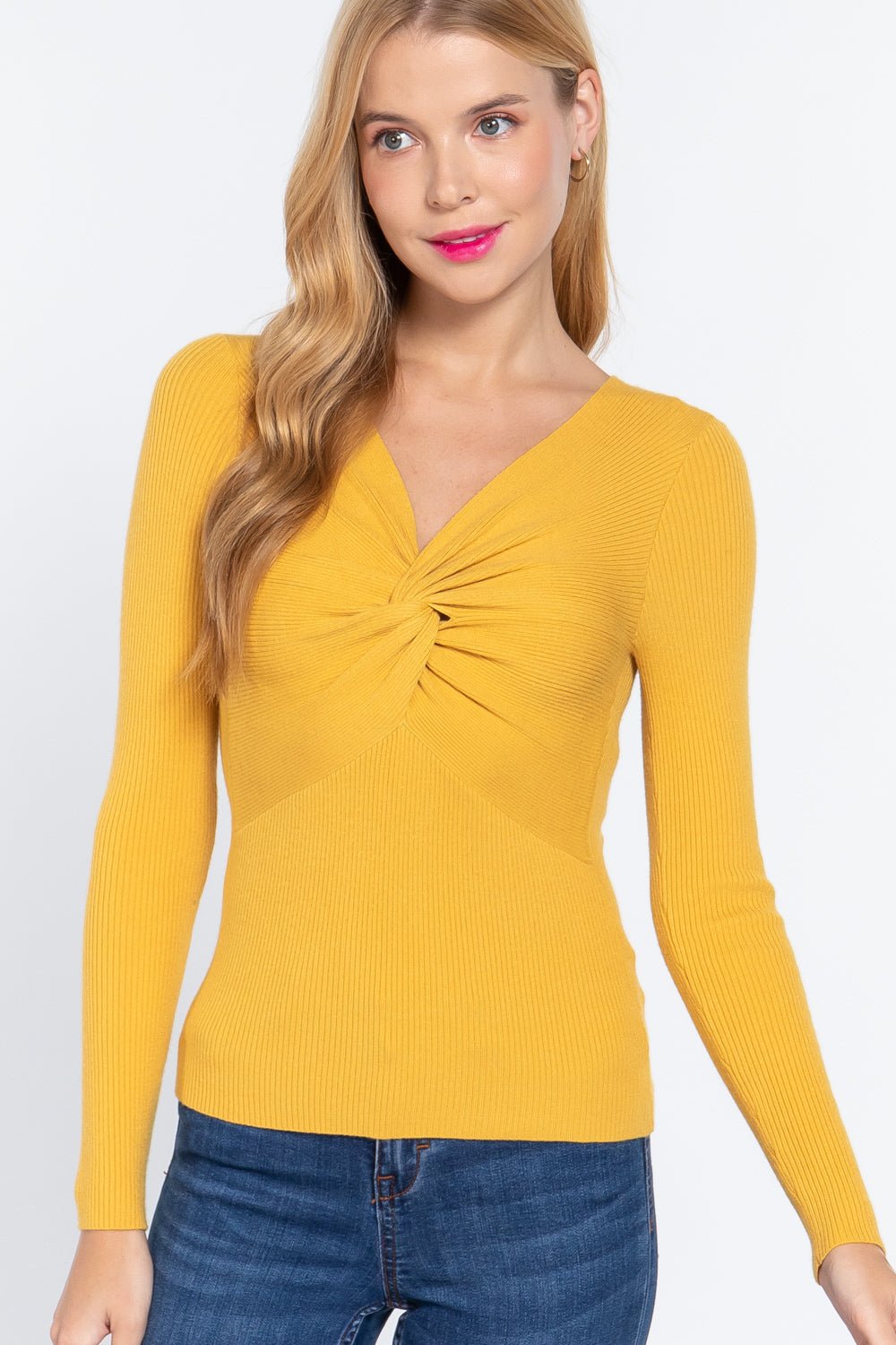 Long Sleeve V - neck Knotted Sweater - ZumBuys