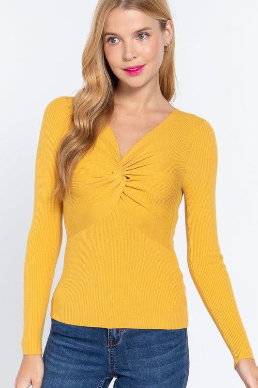 Long Sleeve V - neck Knotted Sweater - ZumBuys