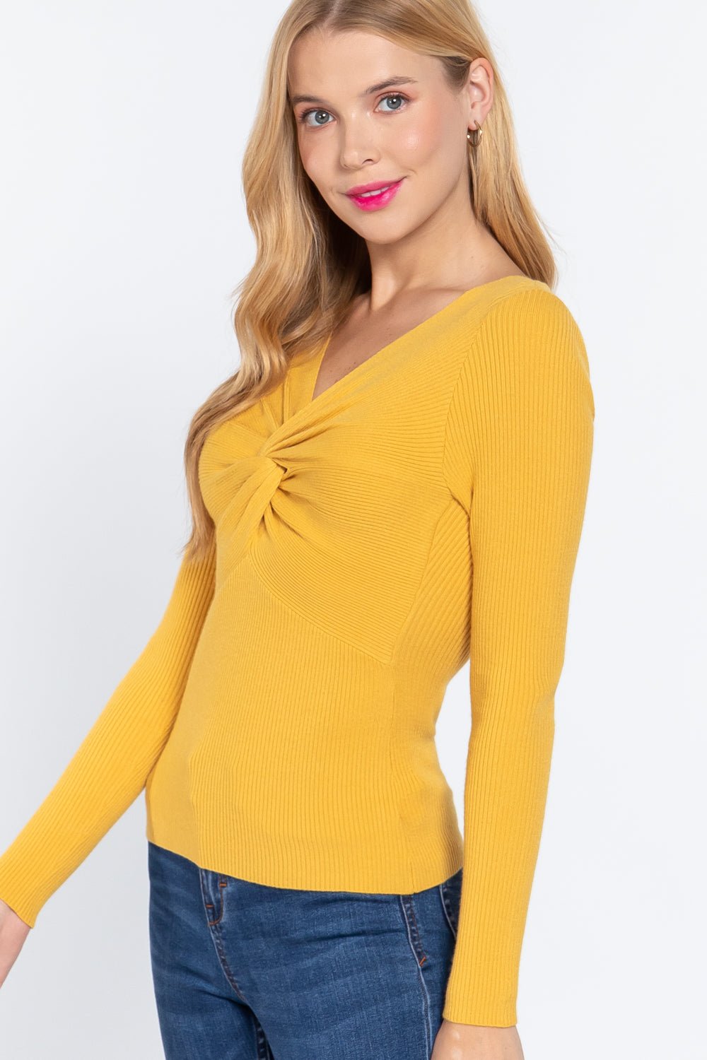 Long Sleeve V - neck Knotted Sweater - ZumBuys