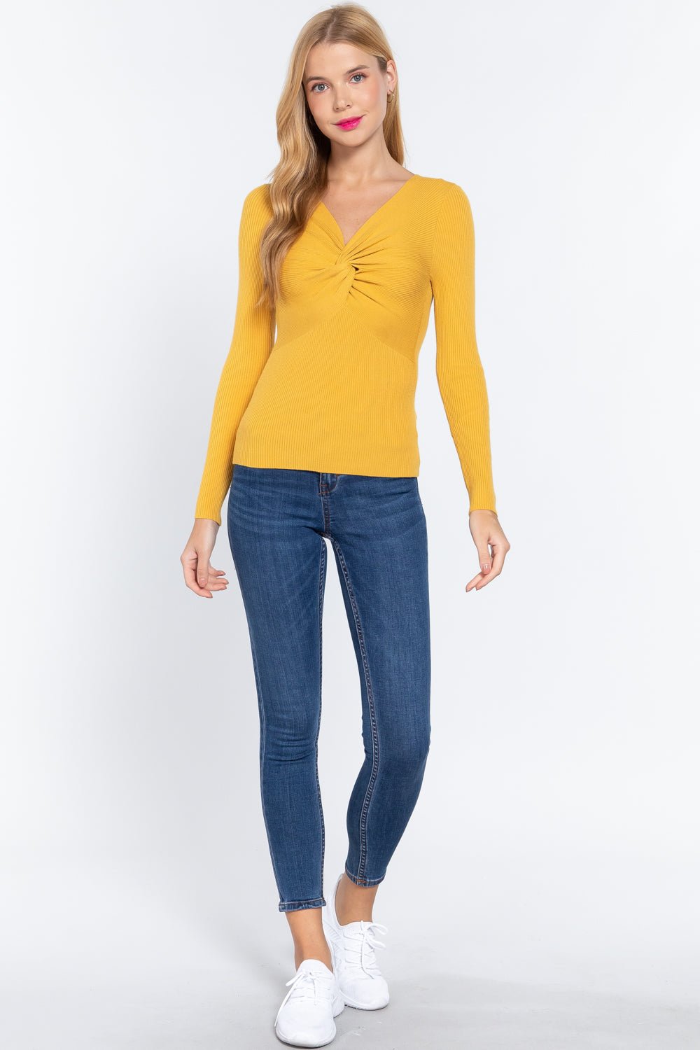 Long Sleeve V - neck Knotted Sweater - ZumBuys