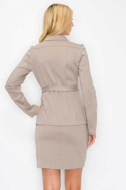 Ls Belted Button Up Jacket & Pencil Skirt Set - ZumBuys