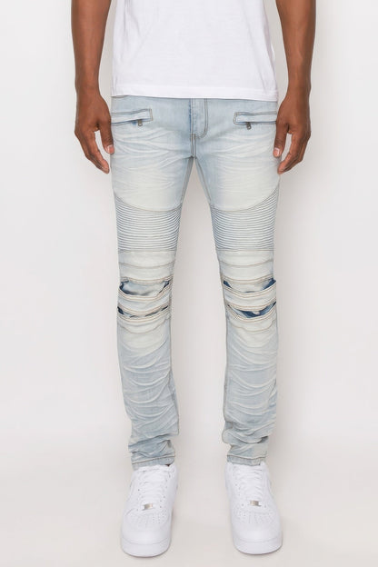 Men Creased Biker Denim Jeans - ZumBuys