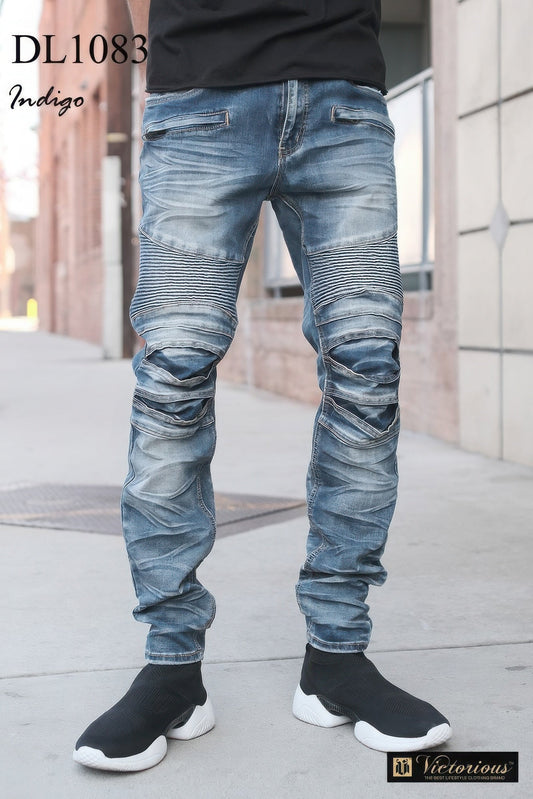 Men Creased Biker Denim Jeans - ZumBuys