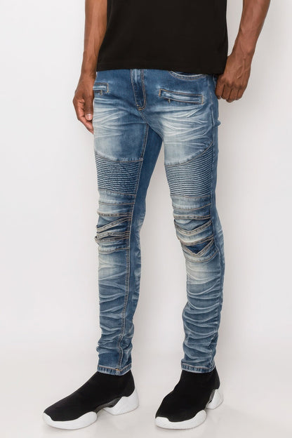 Men Creased Biker Denim Jeans - ZumBuys