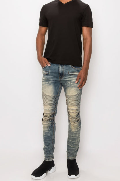 Men Creased Biker Denim Jeans - ZumBuys