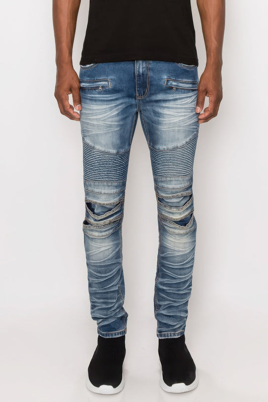 Men Creased Biker Denim Jeans - ZumBuys
