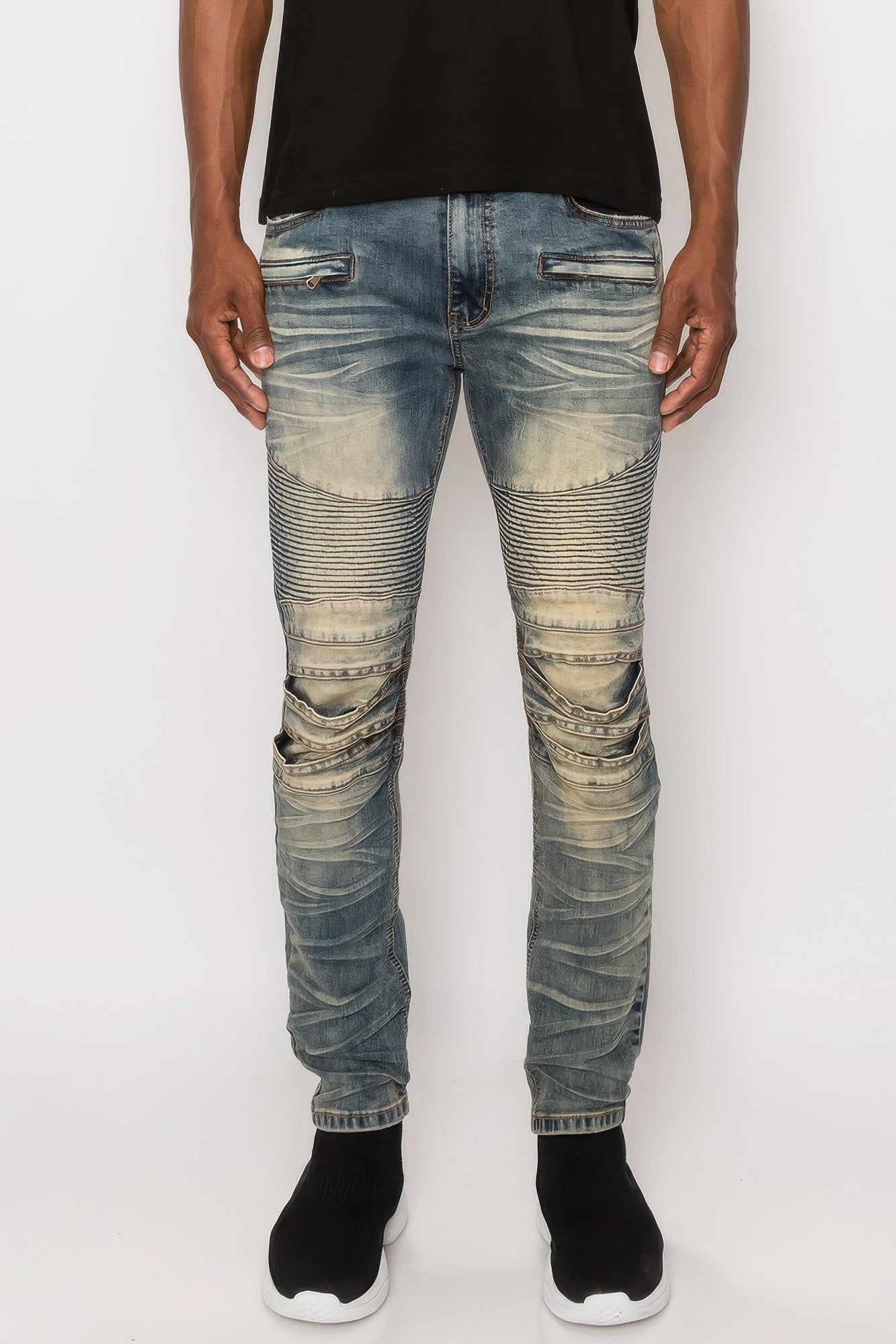 Men Creased Biker Denim Jeans - ZumBuys