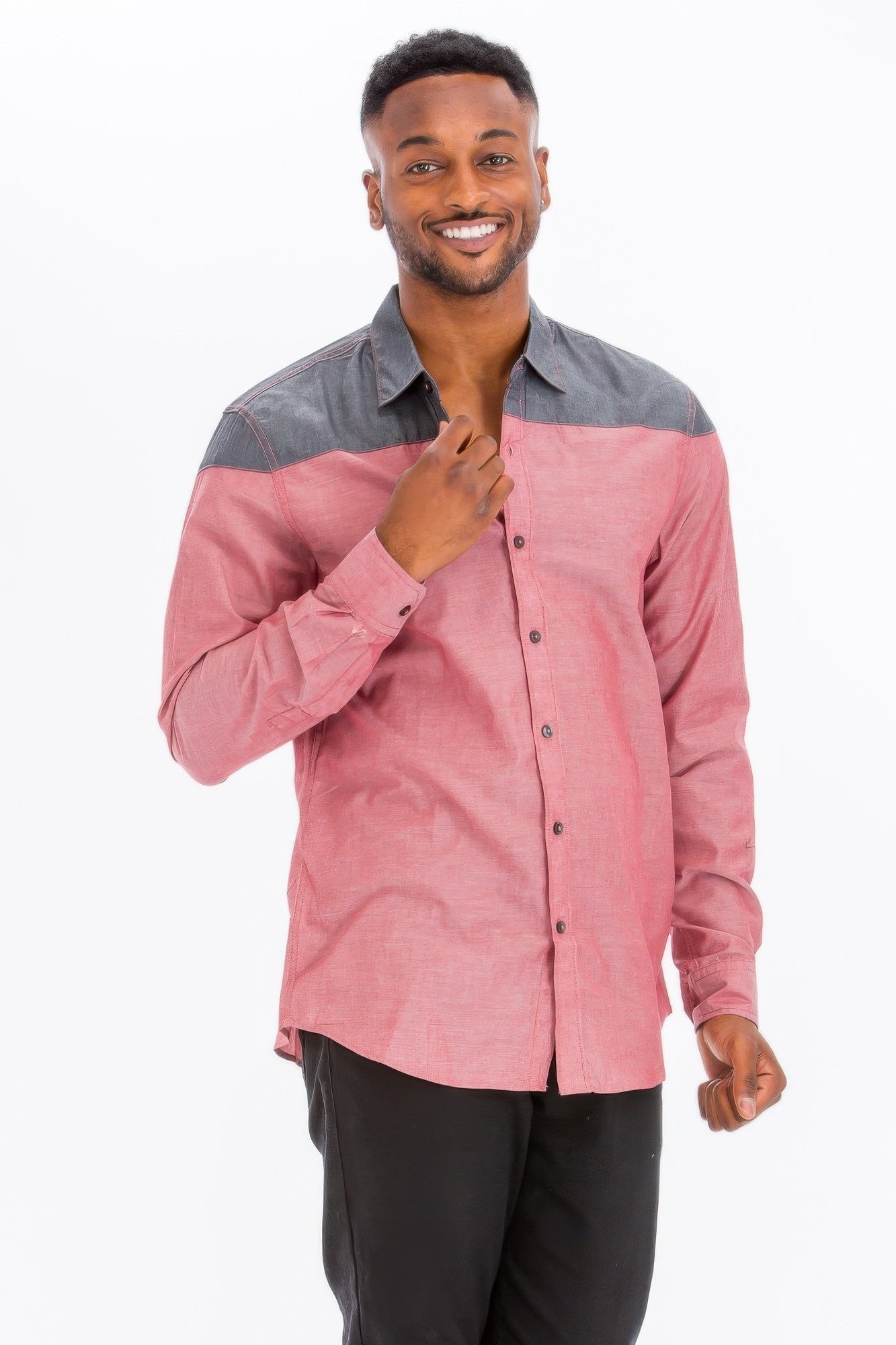Men's Two Tone Long Sleeve Button Down Shirt - ZumBuys