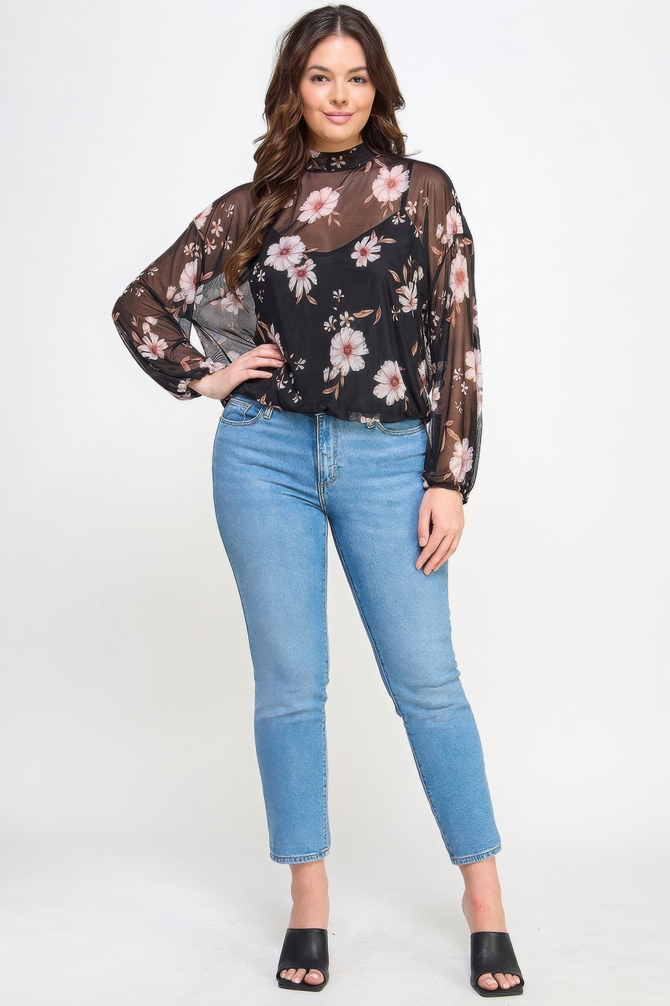 Mesh Floral Ls Top W/cami - ZumBuys