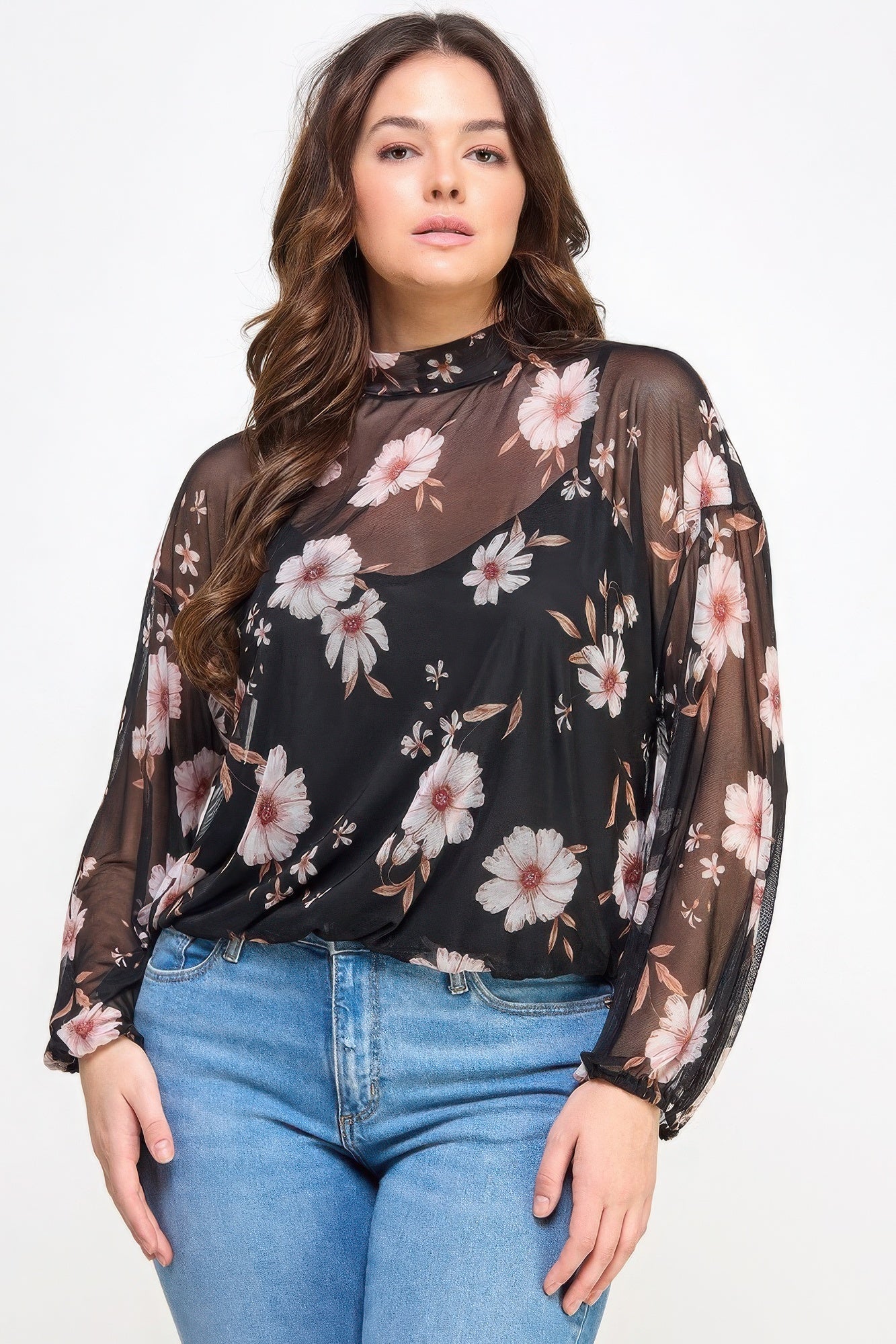 Mesh Floral Ls Top W/cami - ZumBuys