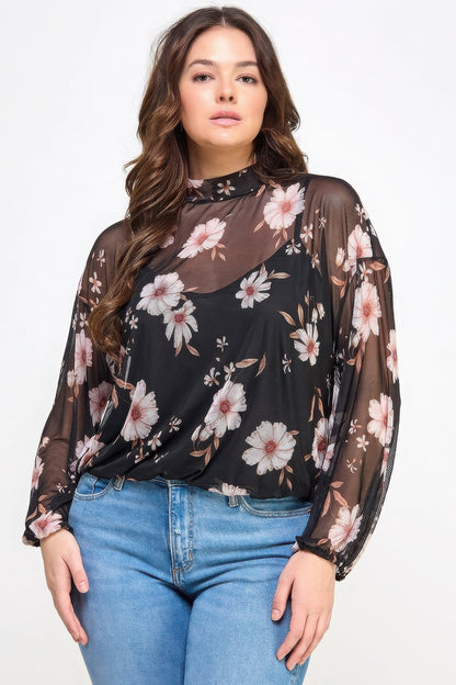 Mesh Floral Ls Top W/cami - ZumBuys
