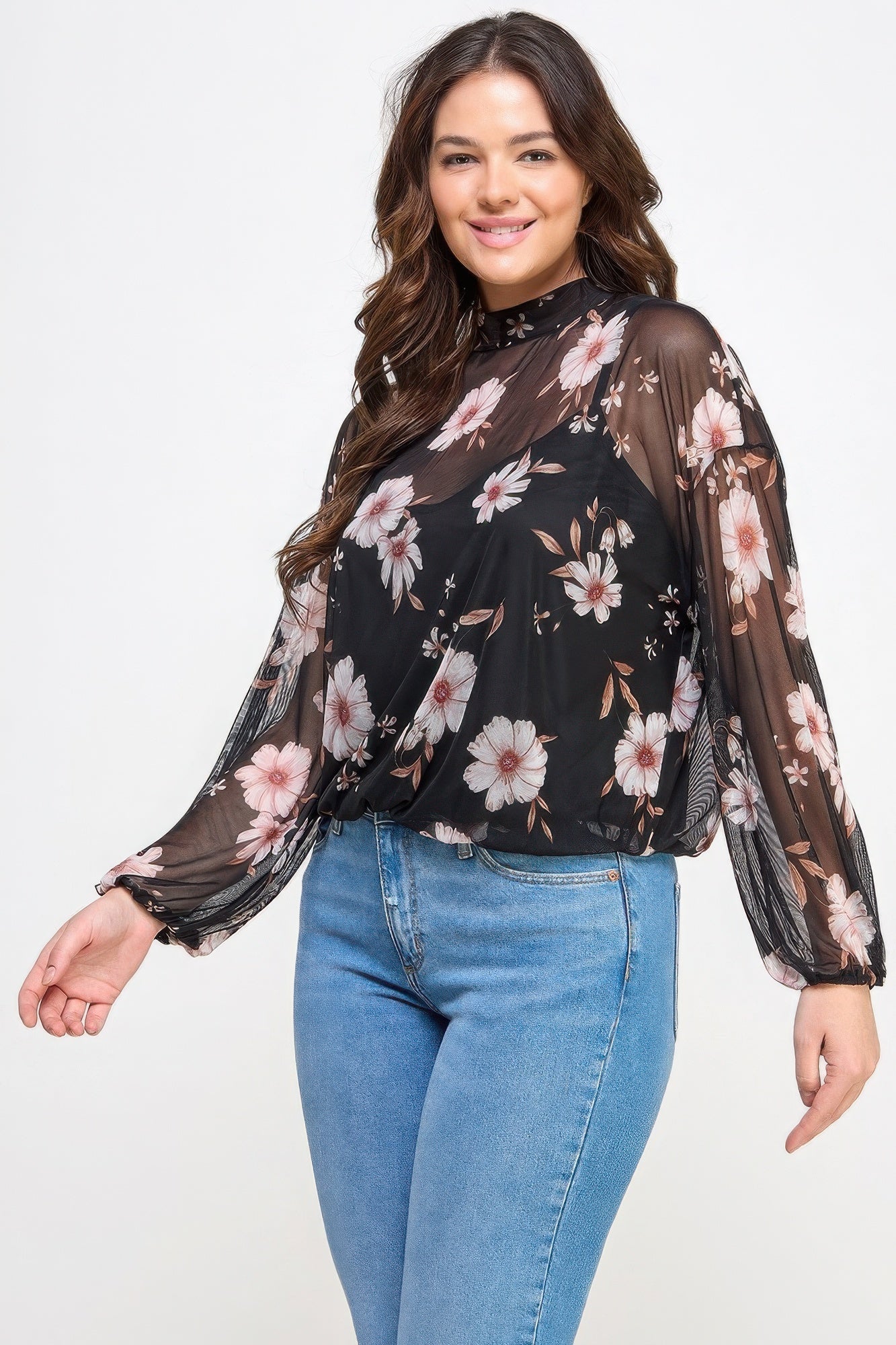 Mesh Floral Ls Top W/cami - ZumBuys