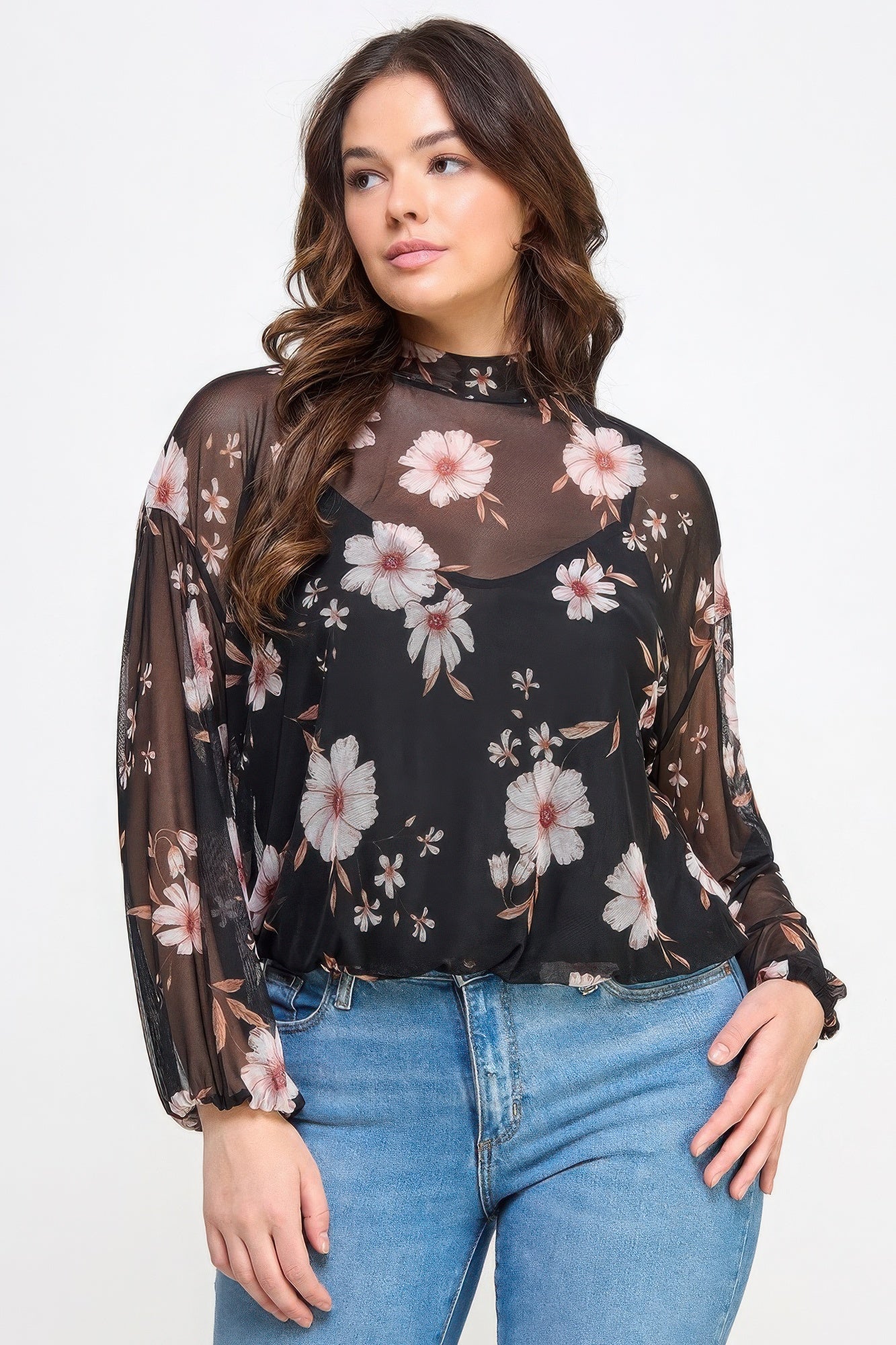 Mesh Floral Ls Top W/cami - ZumBuys