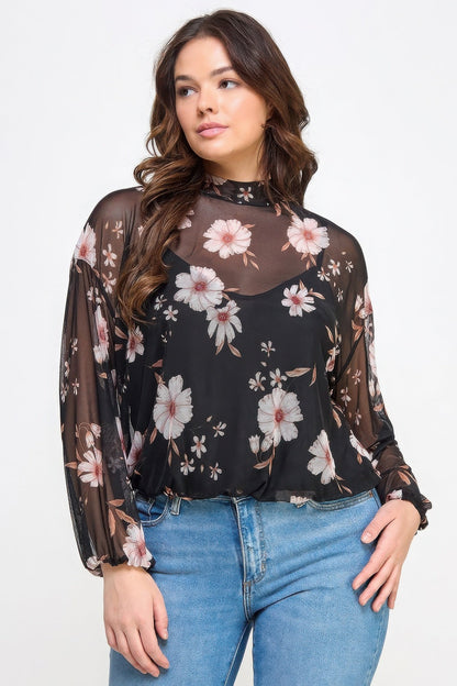 Mesh Floral Ls Top W/cami - ZumBuys