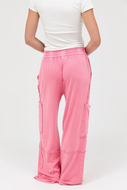 Mineral Wash Wide Leg Cargo Pants – Women’s Cotton Utility Pocket Pants - ZumBuys